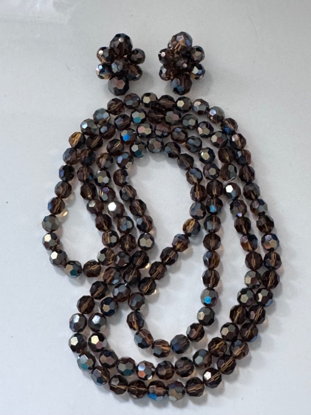 Vintage Sherman Earrings Necklace AB Smoky Topaz Crystal Beads
